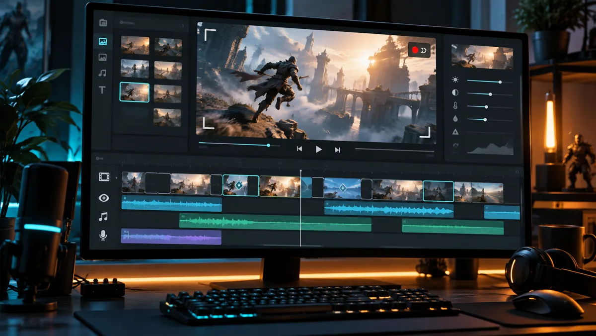 Concept artwork for ClipLite's gameplay replay and multitrack editing workflow.