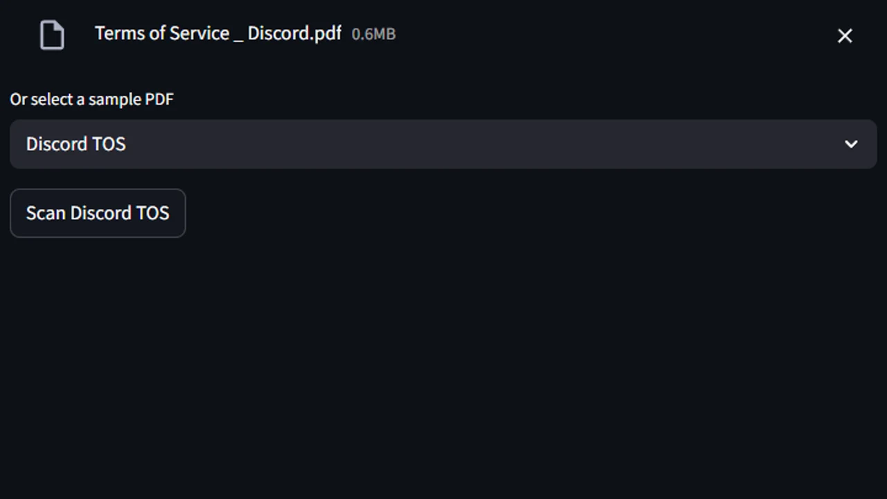 Sample Discord terms selected in the Fine Print PDF Scanner interface.