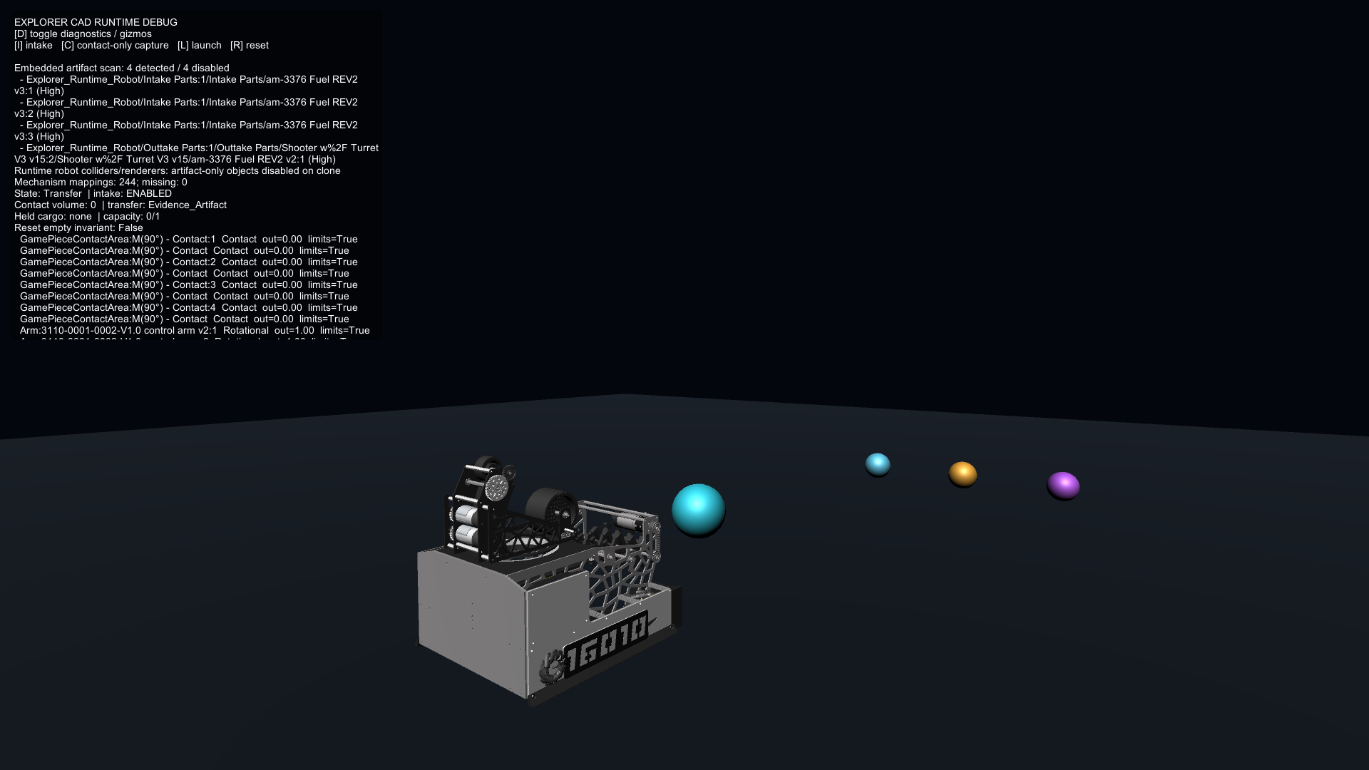 Unity simulation screenshot showing a robot and field artifacts with a diagnostic overlay.