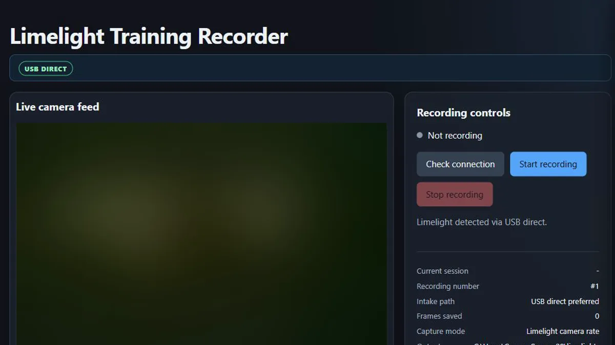 Limelight Training Recorder dashboard with camera feed and recording controls.