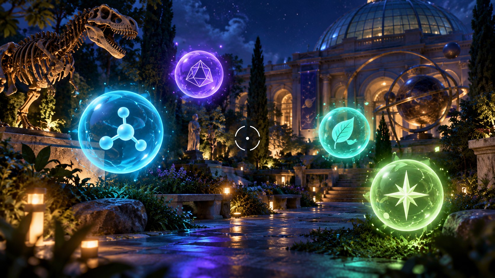 Concept artwork showing glowing science-themed question orbs in a nighttime learning garden.