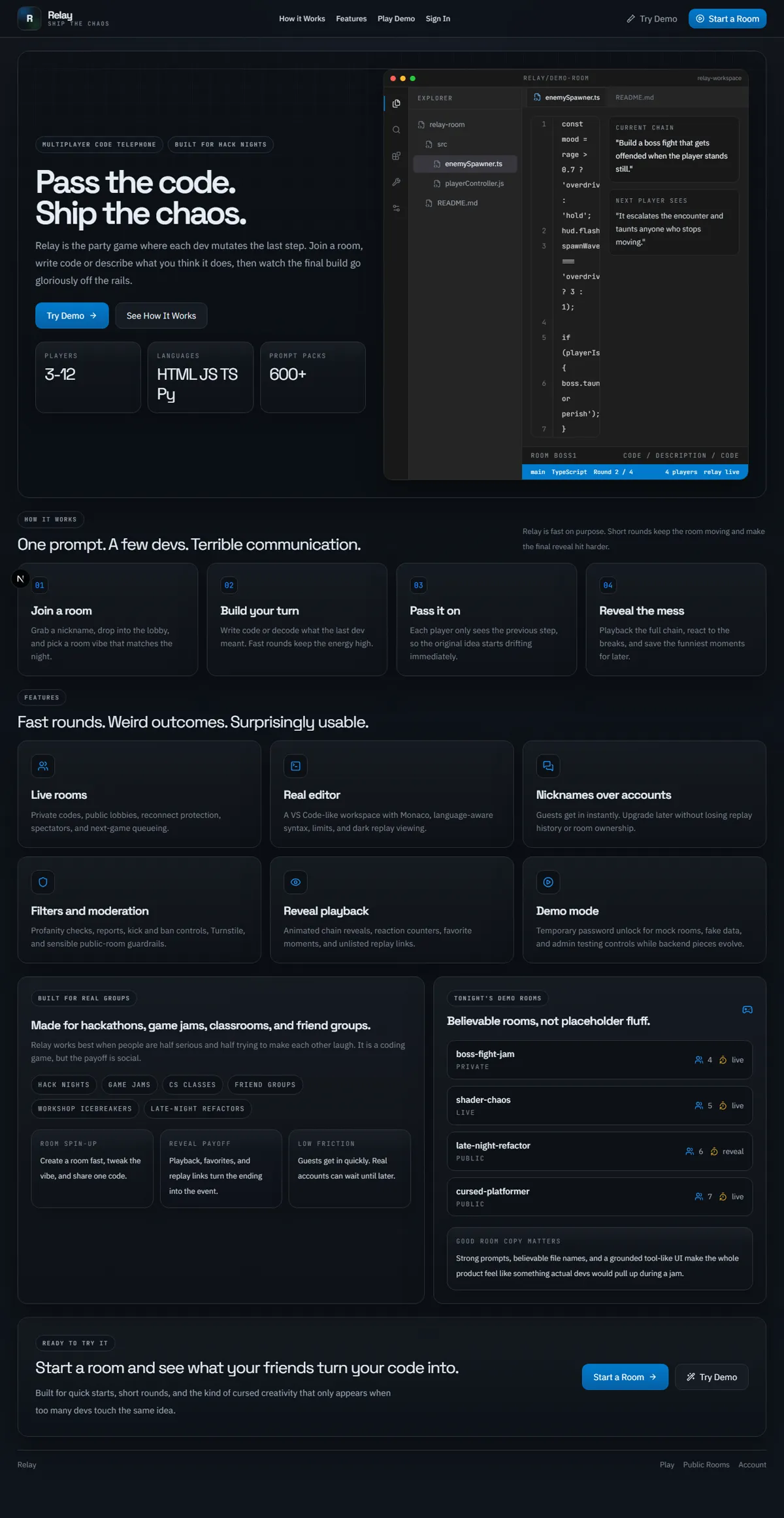 Relay homepage showing a multiplayer code-and-description room.