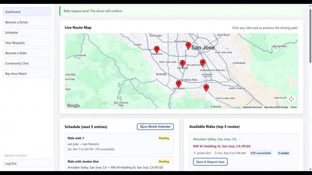 Ride2Rider demo dashboard showing a Bay Area carpool map and ride cards.