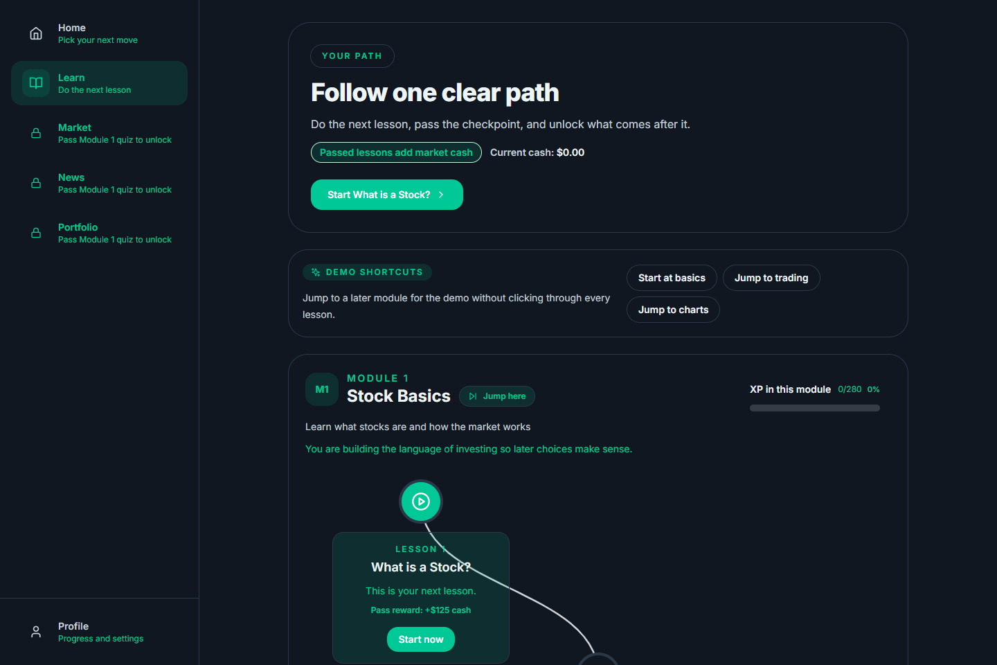 StockPilot lesson path from the live browser demo.