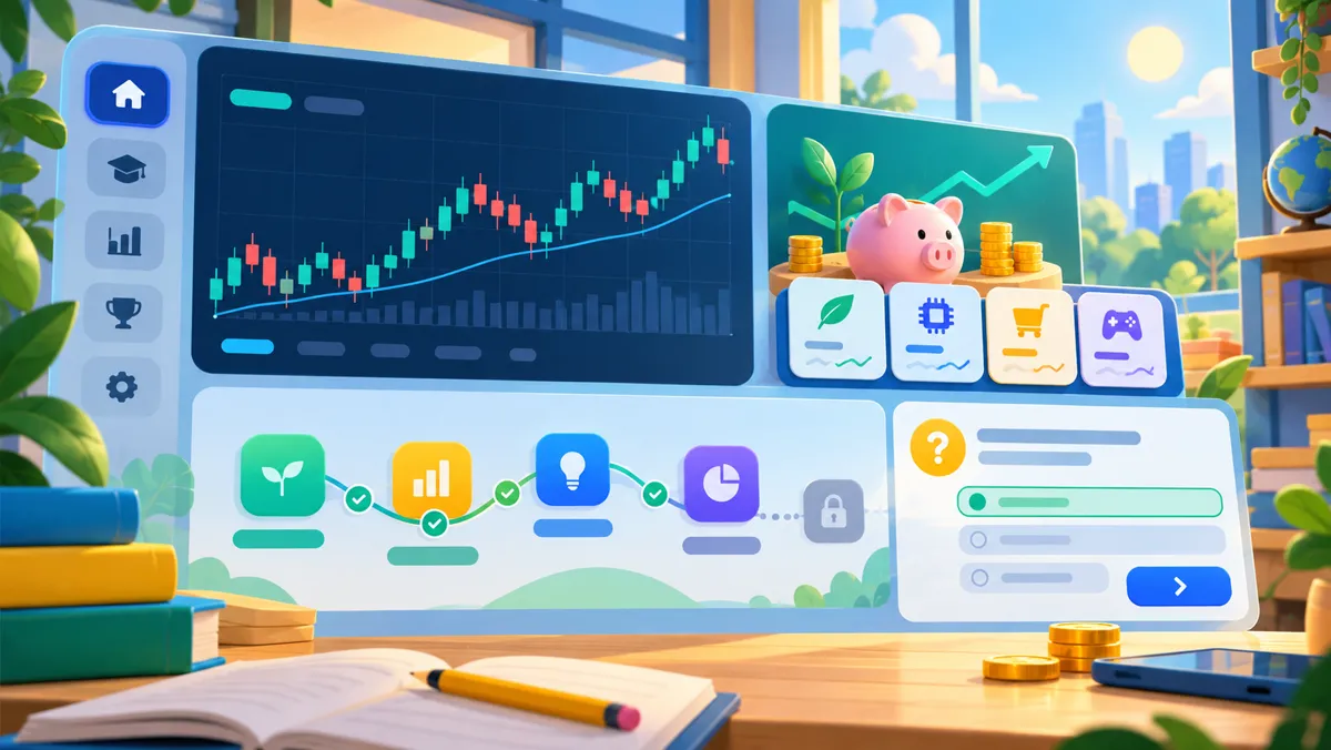 Concept artwork for StockQuest's gamified stock-market lessons and practice simulator.