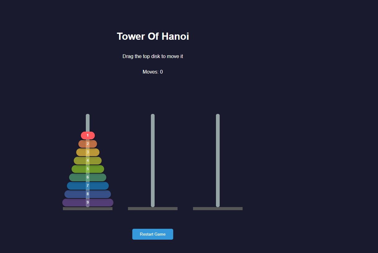 Tower of Hanoi game showing nine colored disks stacked on the first peg.