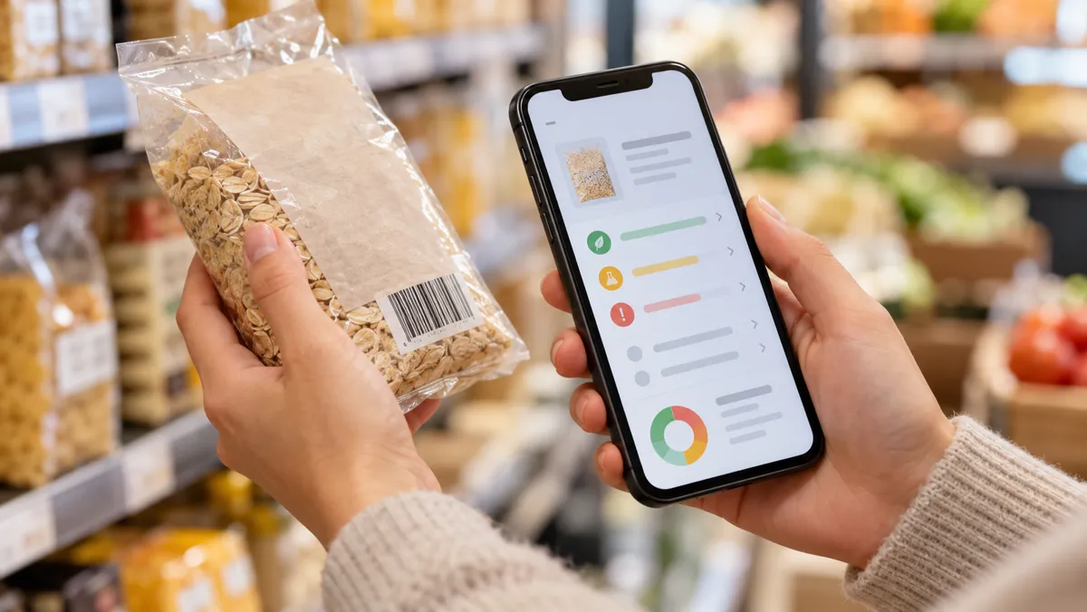 Concept artwork for scanning a food barcode and reviewing an ingredient summary.